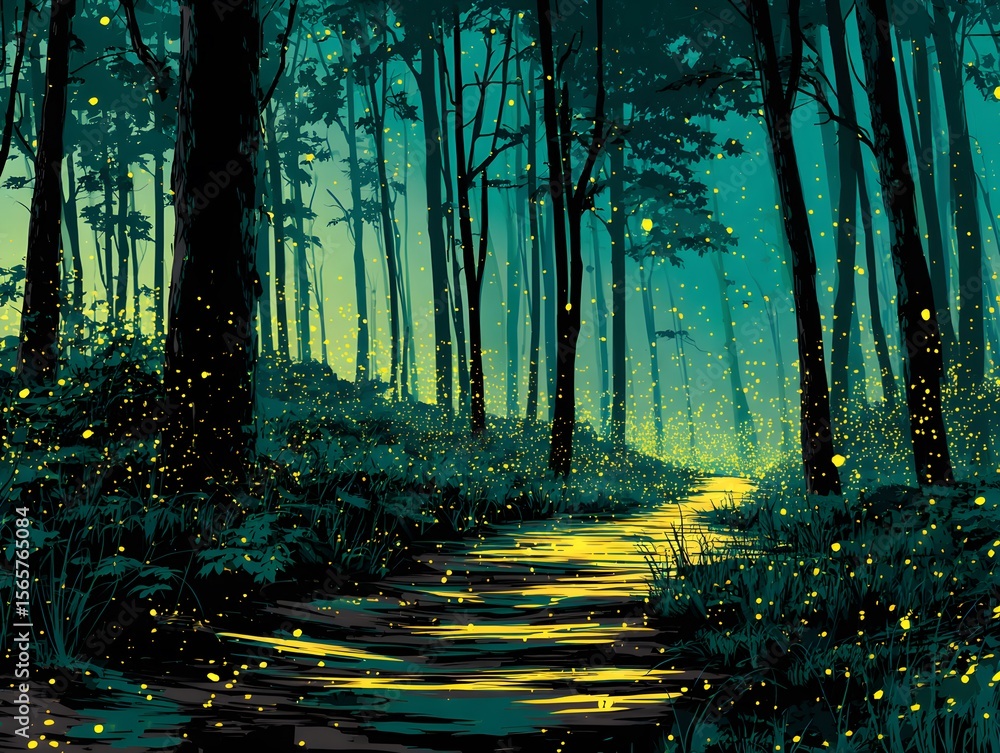 Poster a path guides through a mystical, luminescent forest, with radiant fireflies adding enchantment to a