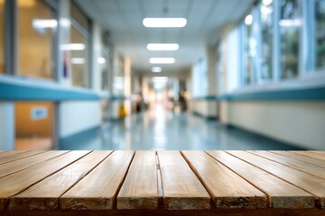 Wooden Tabletop with Blurred Hospital Corridor Background
