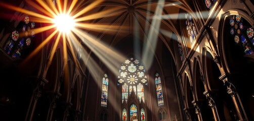 Obraz premium Sunbeams illuminate high vaulted ceiling, stained glass, ornate altar, color, pattern