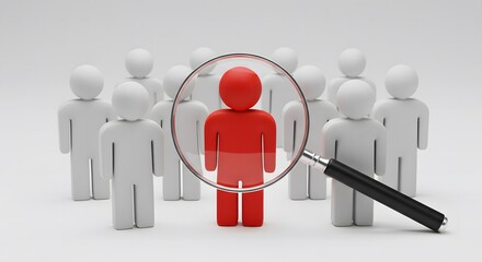 Magnifying Glass Focusing on a Red Figure Among White Figures: A Conceptual Image of Recruitment, Talent Acquisition, or Unique Individual