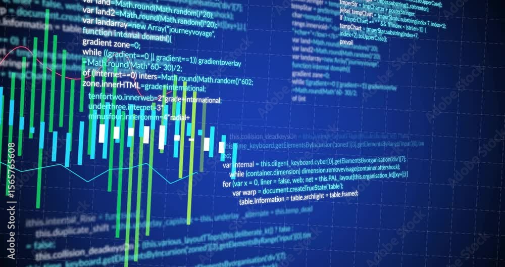 Poster with code fading in, histogram bars emerging, colors shifting and red line arcing visualizing data