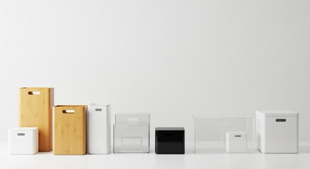 Minimalist Storage Solutions: Bamboo, Acrylic, and White Boxes on White Background