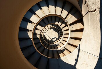 Fototapeta premium Spiral concrete staircase ascending outdoors, sunlight casting shadows, ascent, detail