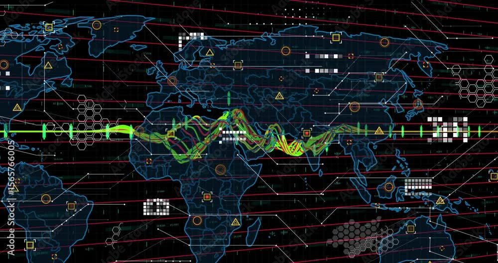 Poster dashboard fading in triggers neon map displaying pulsing multicolor waveforms visualizing data flow