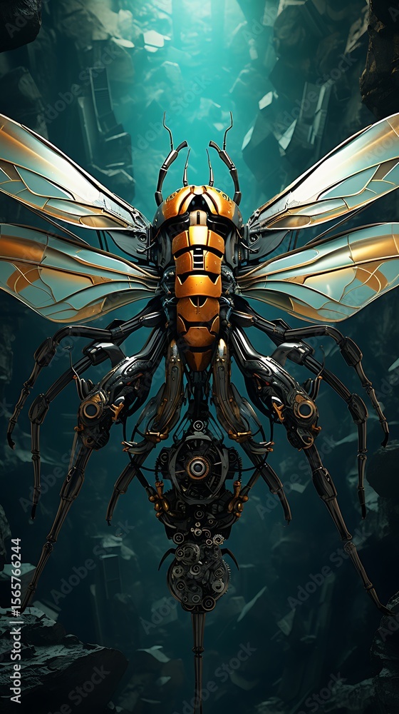 Poster close up of a robotic insect with metallic wings and multiple legs against a dark background