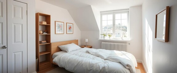 Small, bright bedroom with simple white bed, minimal decor, natural light,  white,  bright
