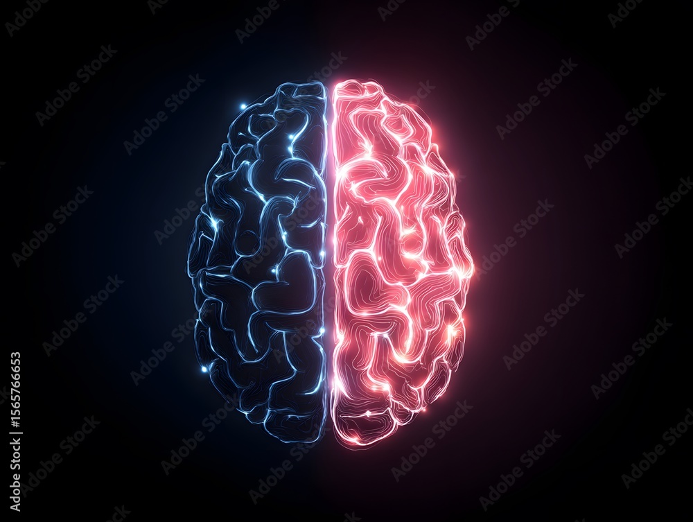 Poster dual-toned brain: a captivating image shows a digitally rendered brain, split into two vividly illum