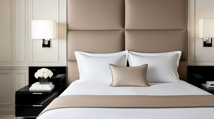 Elegant modern bedroom interior featuring beige padded headboard, white luxury bedding with accent pillow, black nightstand, and wall-mounted lamp in minimal upscale design

