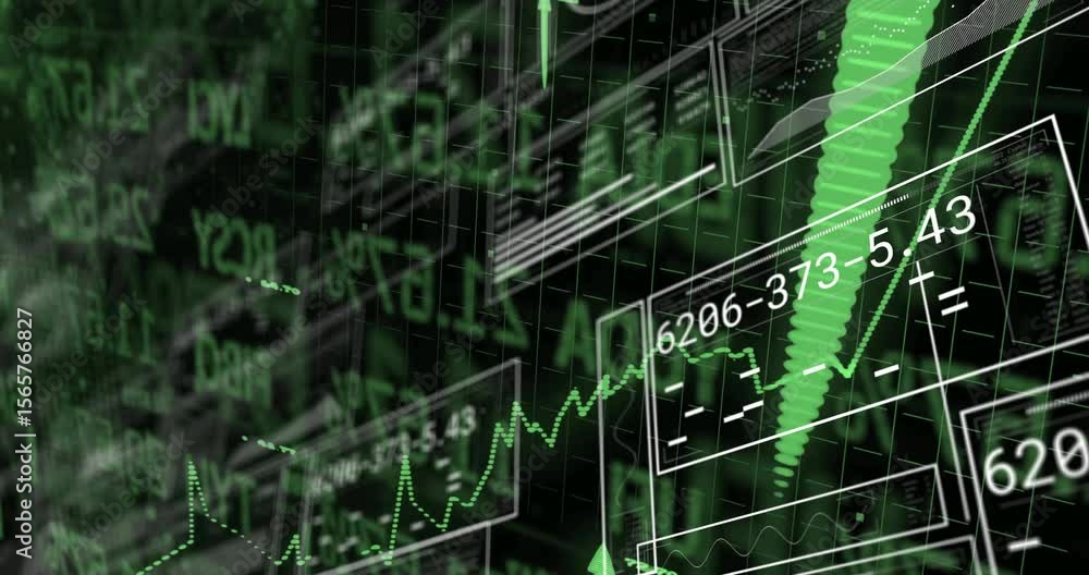Poster numeric streams starting zigzag line drawing as panels moving and arrows rising showing data growth