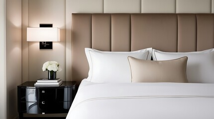 Elegant modern bedroom interior featuring beige padded headboard, white luxury bedding with accent pillow, black nightstand, and wall-mounted lamp in minimal upscale design

