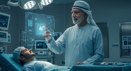 Futuristic Healthcare: An elderly doctor uses AI technology to diagnose a patient in a modern operating room.