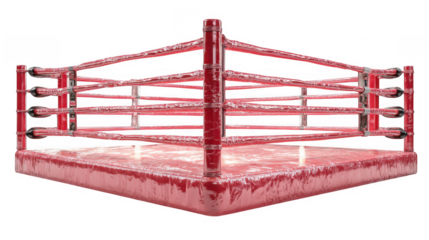 Shiny red boxing ring with four corner posts isolated on transparent background