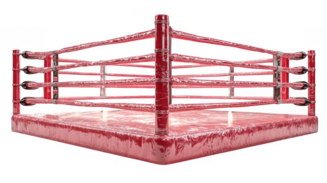 Shiny red boxing ring with four corner posts isolated on transparent background