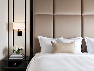 Elegant modern bedroom interior featuring beige padded headboard, white luxury bedding with accent pillow, black nightstand, and wall-mounted lamp in minimal upscale design

