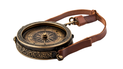 Antique brass compass with leather strap,Transparent background, PNG file