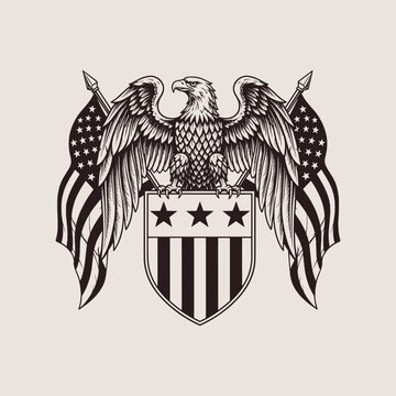 Double-headed eagle holding shield in heraldic style, traditional American emblem - Vector Illustration
