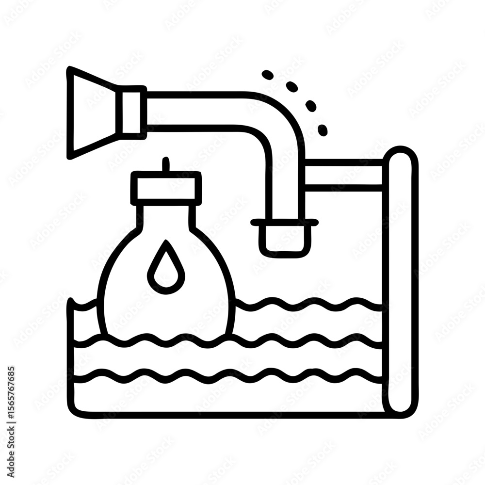 Poster sump pump system with a floating light bulb alarm in water. overflow protection. outline vector icon