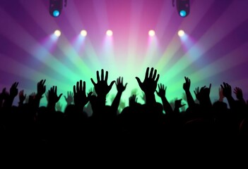 Silhouettes of raised hands in a lively crowd, flat style design,  design,  gathering