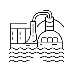 Sewage water treatment plant line icon depicting industrial facility for purification. Concept of ecology and wastewater engineering. Vector icon for app, web, service