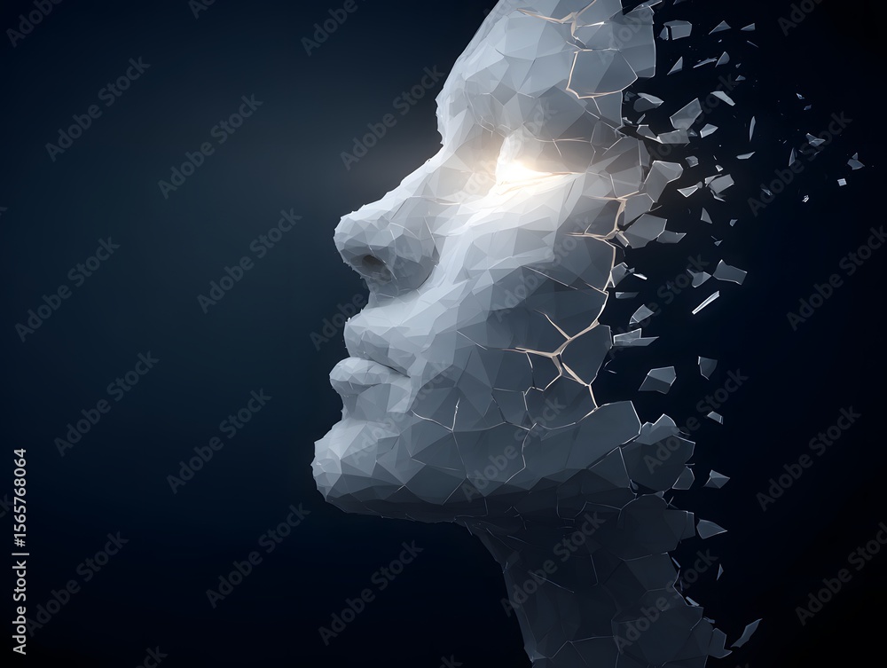 Poster a conceptual representation of a human face dissolving into fragments, the portrait takes on the sha