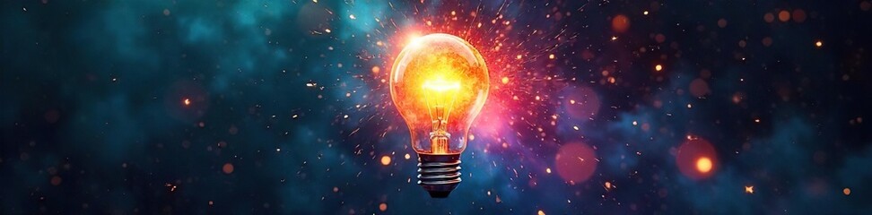A lightbulb bursts with vibrant colors, radiating innovative energy and creative sparks, symbolizing a brilliant new idea taking flight , powerful, breakthrough