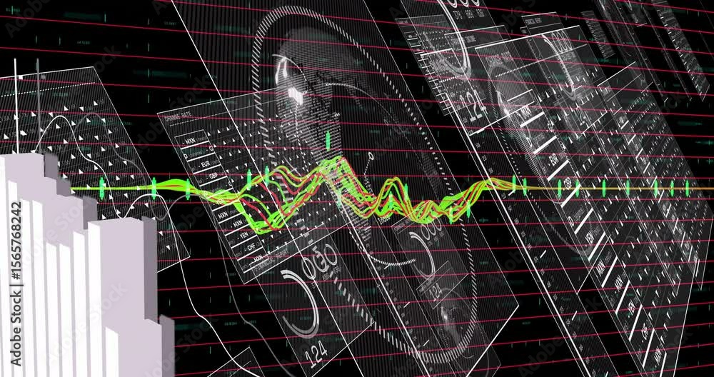 Poster three-trace waveform growing after color merge, panels sliding behind, bars rising visualizing data