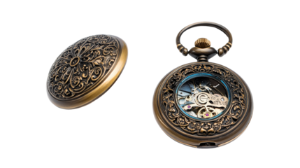 Antique pocket watch with open cover,Transparent background, PNG file