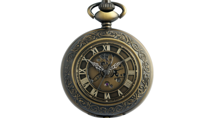 Antique pocket watch with roman numerals,Transparent background, PNG file