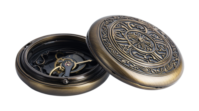 Antique pocket watch with open cover,Transparent background, PNG file