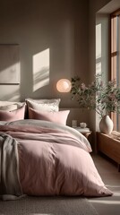 Elegant pastel bedroom with natural light and AI sleep monitor seamlessly blending into a serene, minimalist interior for restful and tech-enhanced sleep

