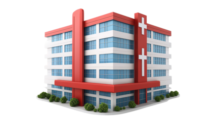 3D hospital icon with cross and building silhouette,Transparent background, PNG file