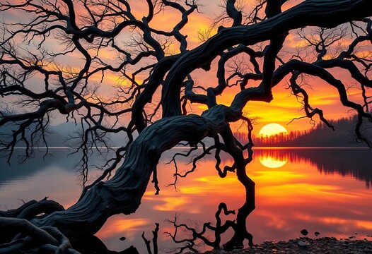 Ancient, twisted trees claw at a fiery sunset reflected in still lake water, nature, clouds