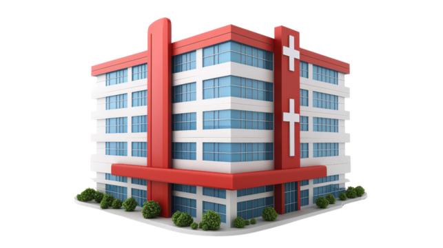 3D hospital icon with cross and building silhouette,Transparent background, PNG file