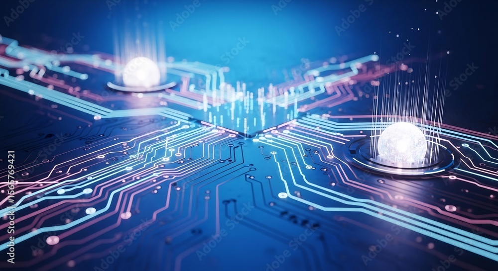 Poster futuristic circuit board with glowing orbs and data streams in cyberpunk style