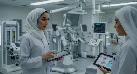 Two female medical professionals collaborate using tablets in a modern hospital operating room, showcasing advanced technology and teamwork.