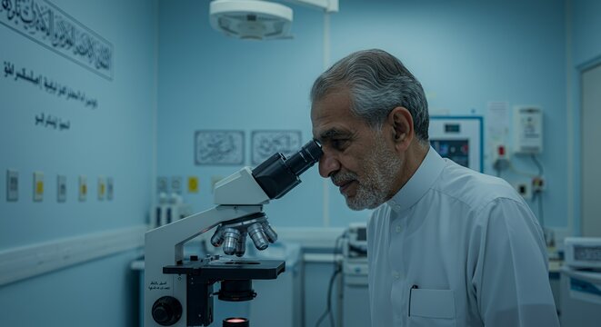 Focused researcher meticulously examines a sample under a microscope in a modern laboratory setting, his concentration evident in his posture.