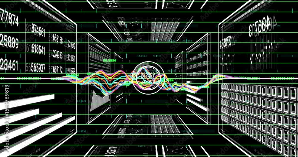 Fototapete launching wireframe tunnel showing waveform oscillating while reticle tracking numeric data flow