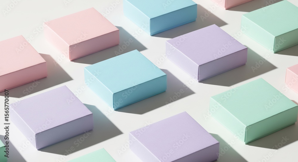 Poster pastel boxes pattern: minimalist arrangement with soft shadows on white background