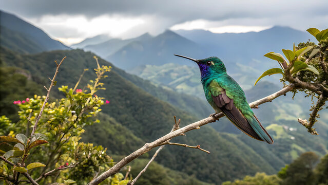 Beautiful hummingbird perched on a branch in the andes mountains of ecuador south america wildlife photography