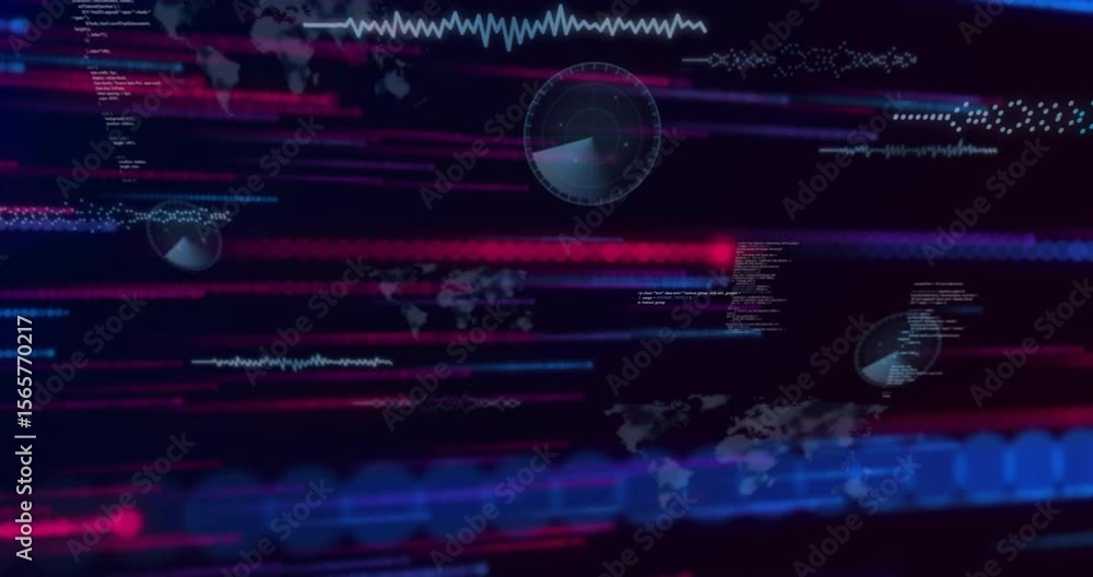 Poster map outlines emerging, waveforms and streaks streaming, radar rotating expanding visualizing data
