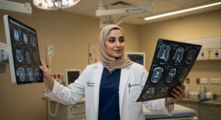 A young female doctor in a hijab carefully examines medical scans, showcasing her expertise and dedication to patient care in a modern hospital