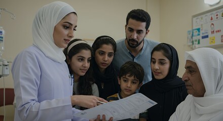 Doctor explains medical documents to a concerned family in a hospital room, offering comfort and support during a challenging time.