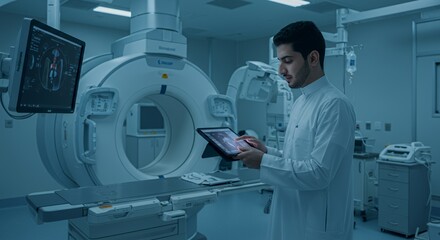 A young medical professional examines a digital scan near advanced medical imaging equipment in a modern hospital setting.