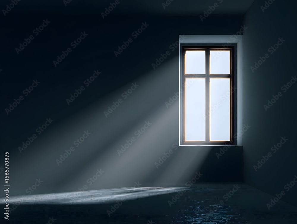 Poster light streams into a dark room, illuminating the stark contrast between shadow and brilliance throug
