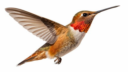Fototapeta premium Isolated rufous hummingbird flying with wings spread on white background for birdwatching enthusiasts