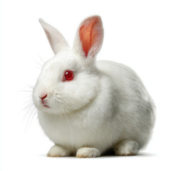 Obraz premium White rabbit with red eyes sitting calmly against a plain background, showcasing its fluffy fur and alert expression