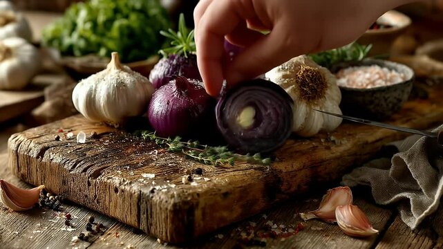 Rustic Wooden Table with Red Onions Garlic and Herbs Culinary Scene with Hand Placing Onion Slice