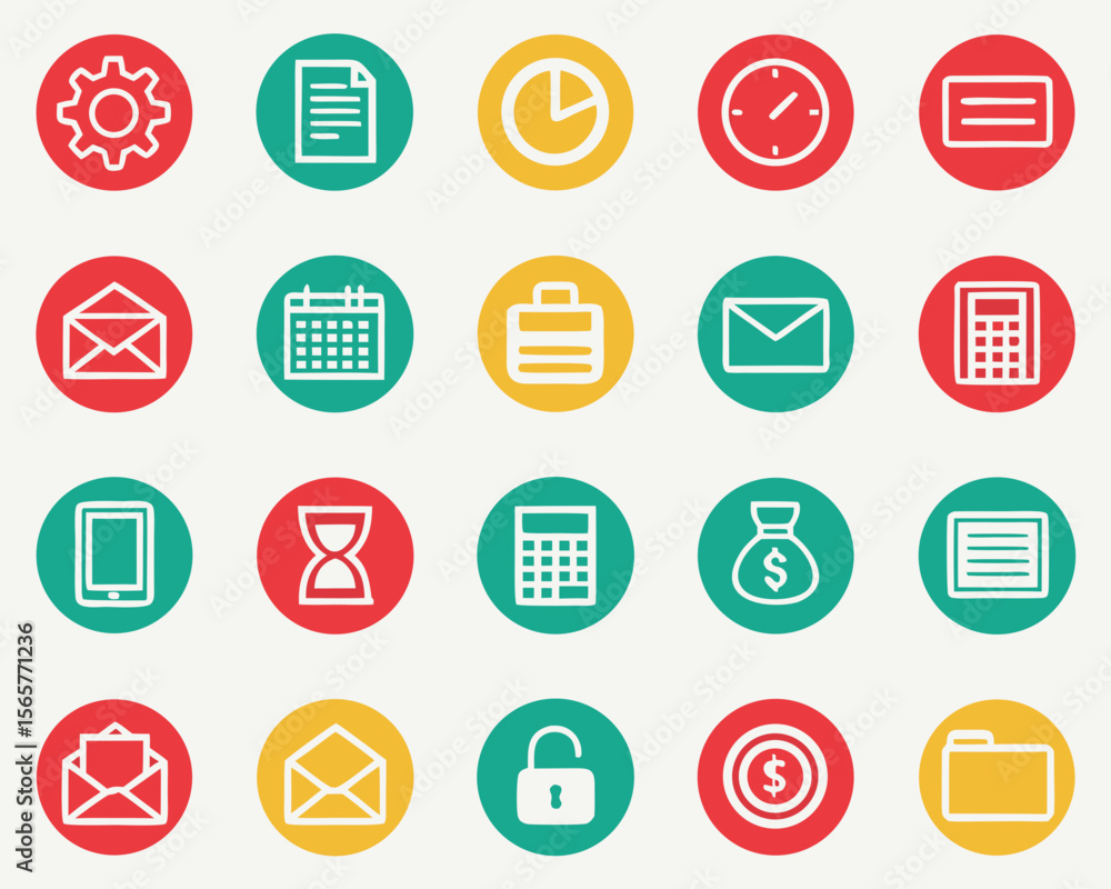 Poster a collection of colorful, circular icons representing various business and communication tools.