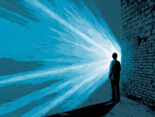 An individual faces a luminous portal, bathed in an ethereal blue glow, standing at the threshold of the unknown. The image captures the anticipation of a new journey.