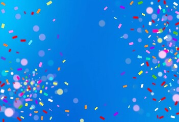 Abstract blue background with vibrant confetti burst, celebrating festive occasion, energy, bright